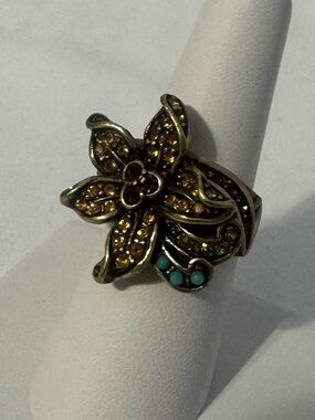 Heidi Daus Floral Multicolor Crystal Statement Ring Gold Tone Size 8